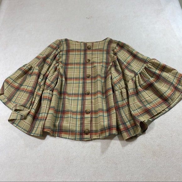 Blu Pepper Cropped Plaid Top Small Flowy Butterfly Sleeves button Down B… - Picture 5 of 8